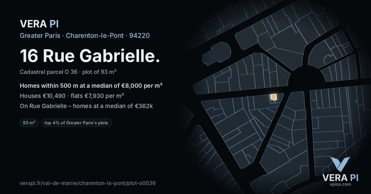 16 Rue Gabrielle, Charenton-le-Pont at night – the plot lit, the parcels around coloured by the prices near them