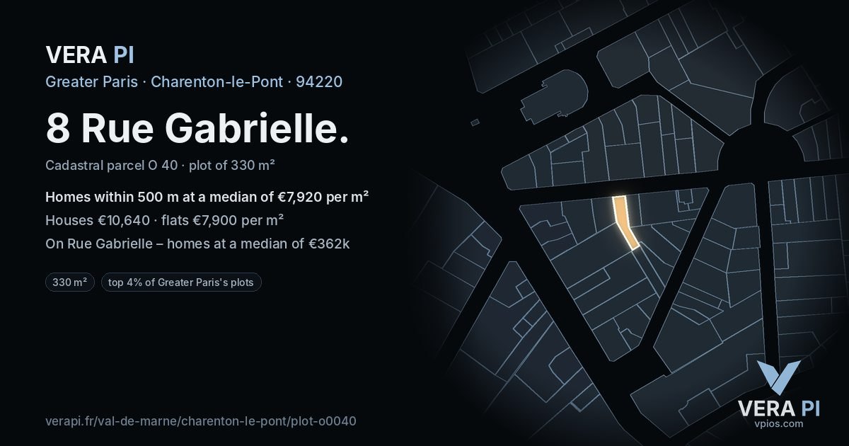 8 Rue Gabrielle, Charenton-le-Pont at night – the plot lit, the parcels around coloured by the prices near them