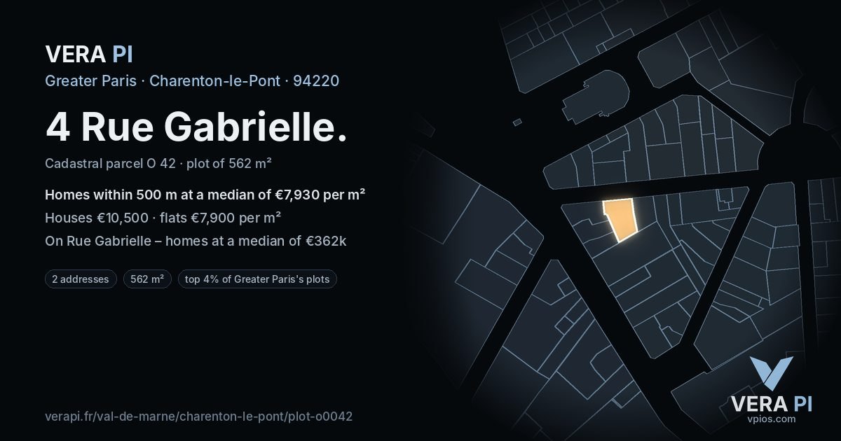 4 Rue Gabrielle, Charenton-le-Pont at night – the plot lit, the parcels around coloured by the prices near them