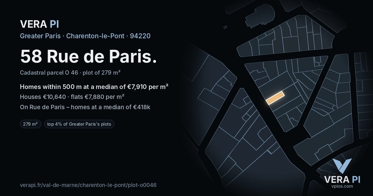 58 Rue de Paris, Charenton-le-Pont at night – the plot lit, the parcels around coloured by the prices near them
