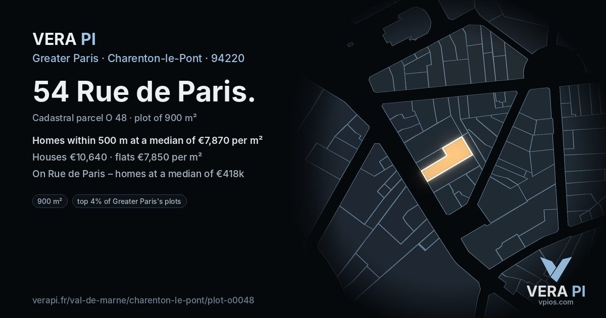 54 Rue de Paris, Charenton-le-Pont at night – the plot lit, the parcels around coloured by the prices near them