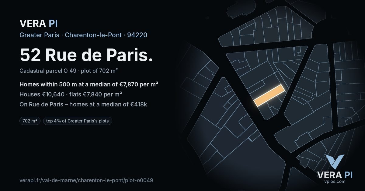 52 Rue de Paris, Charenton-le-Pont at night – the plot lit, the parcels around coloured by the prices near them