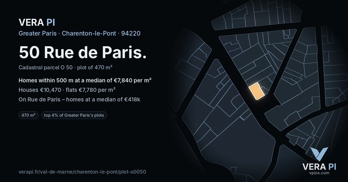 50 Rue de Paris, Charenton-le-Pont at night – the plot lit, the parcels around coloured by the prices near them