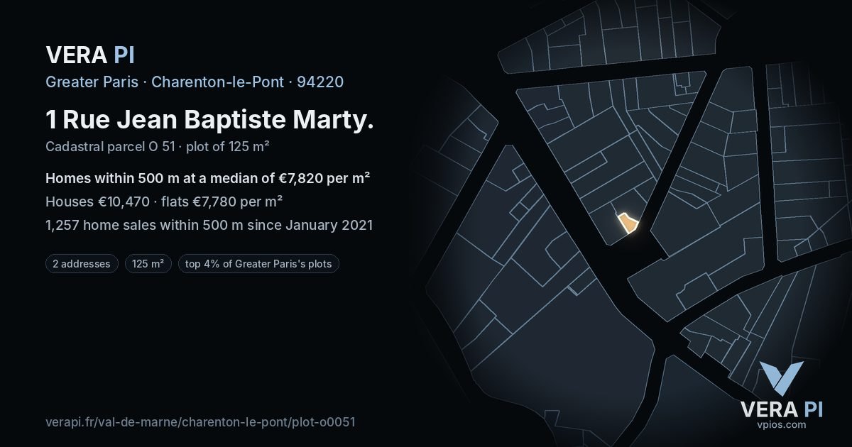 1 Rue Jean Baptiste Marty, Charenton-le-Pont at night – the plot lit, the parcels around coloured by the prices near them