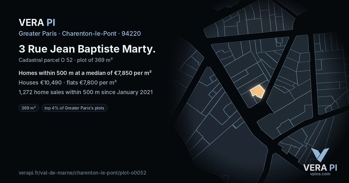 3 Rue Jean Baptiste Marty, Charenton-le-Pont at night – the plot lit, the parcels around coloured by the prices near them