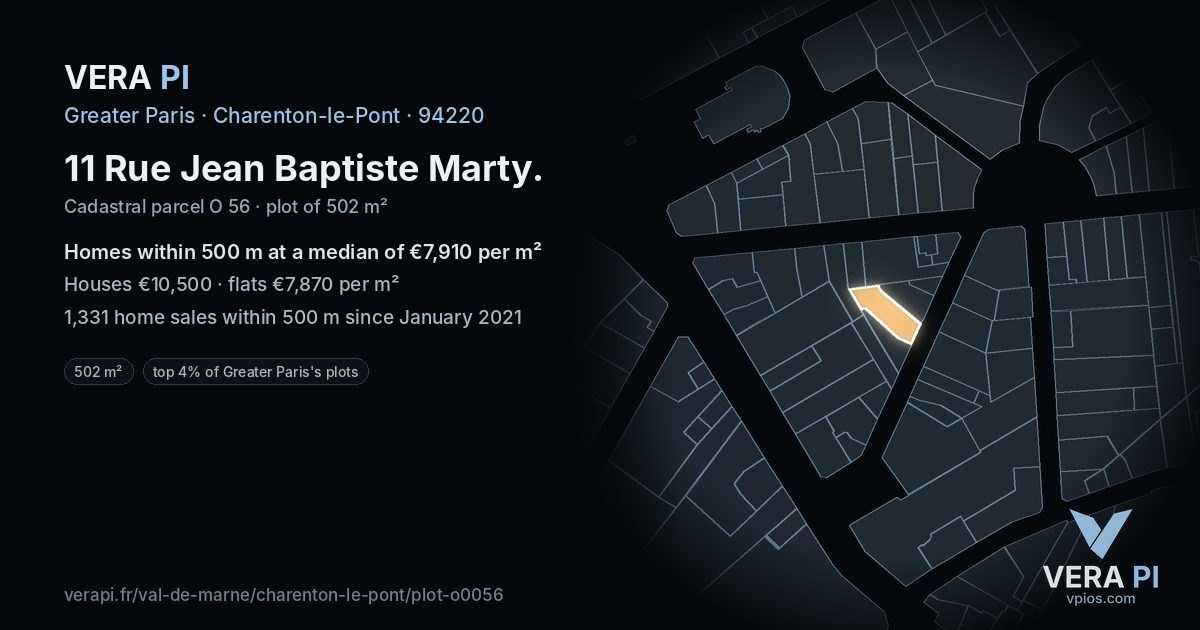 11 Rue Jean Baptiste Marty, Charenton-le-Pont at night – the plot lit, the parcels around coloured by the prices near them