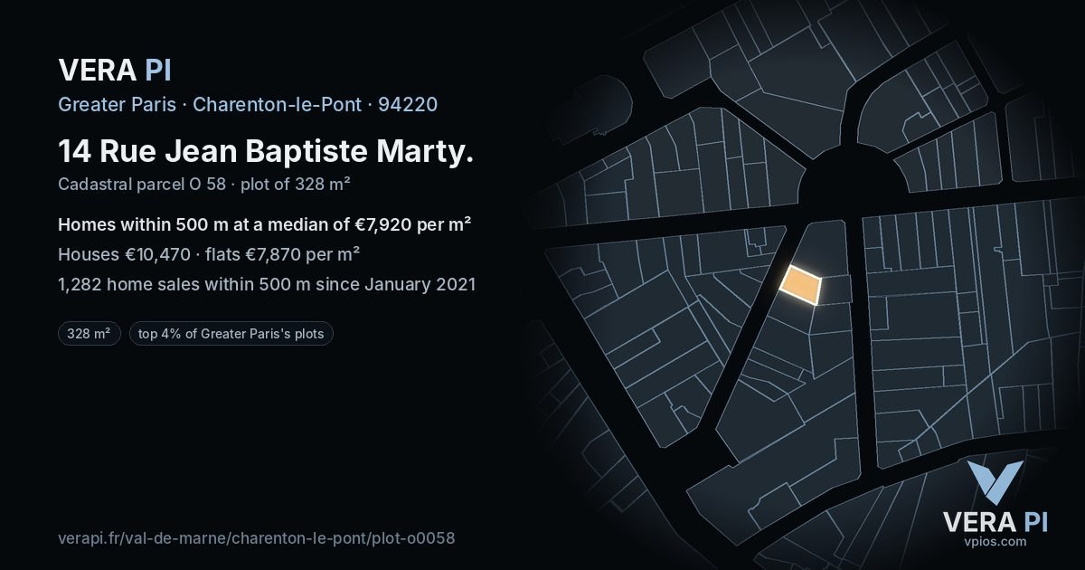 14 Rue Jean Baptiste Marty, Charenton-le-Pont at night – the plot lit, the parcels around coloured by the prices near them