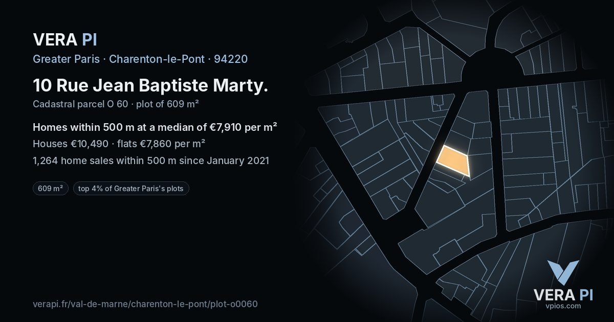10 Rue Jean Baptiste Marty, Charenton-le-Pont at night – the plot lit, the parcels around coloured by the prices near them