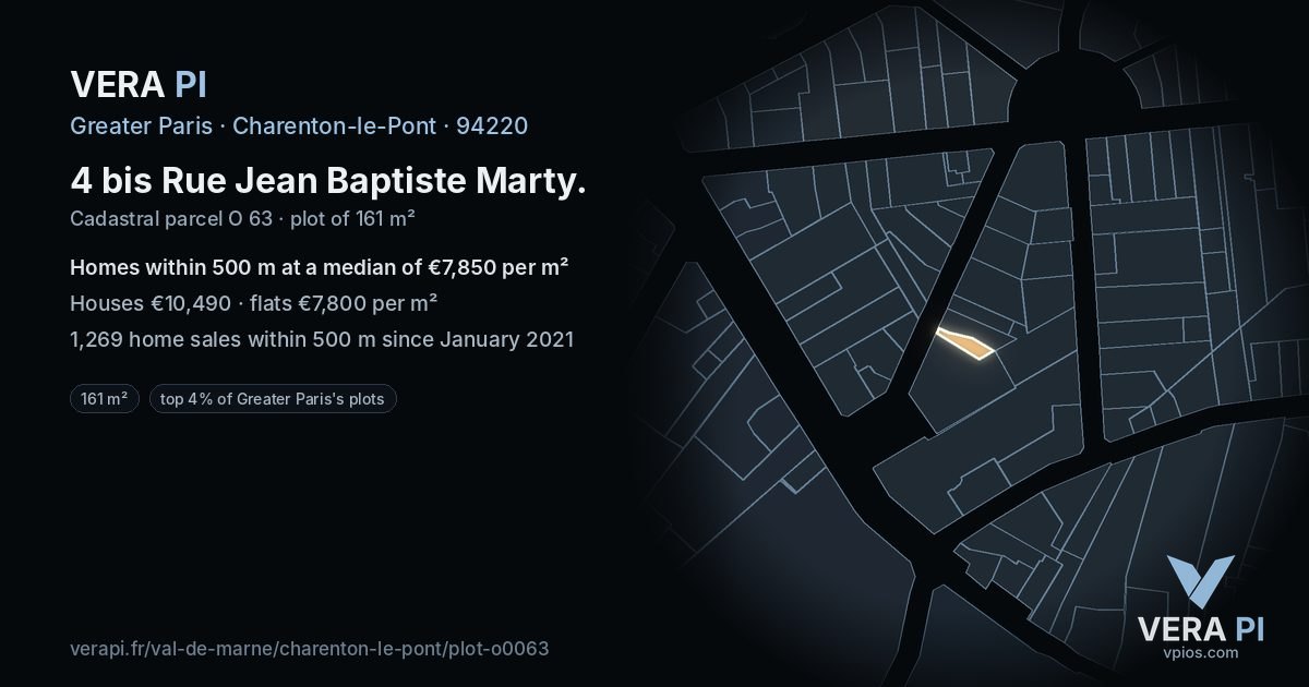 4 bis Rue Jean Baptiste Marty, Charenton-le-Pont at night – the plot lit, the parcels around coloured by the prices near them
