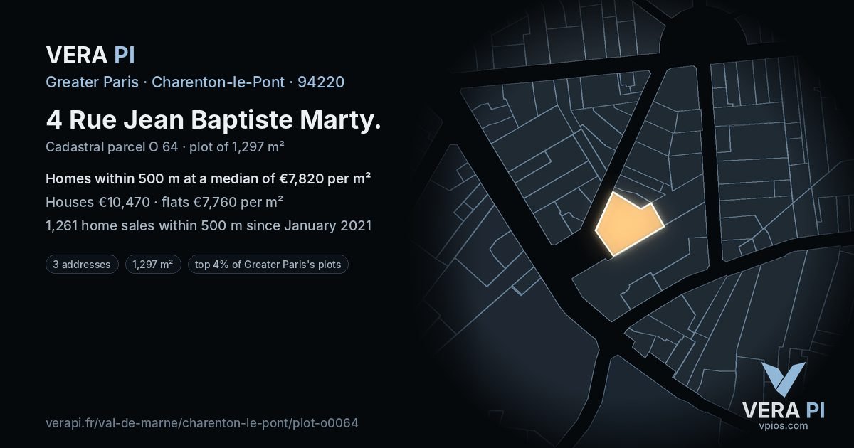 4 Rue Jean Baptiste Marty, Charenton-le-Pont at night – the plot lit, the parcels around coloured by the prices near them