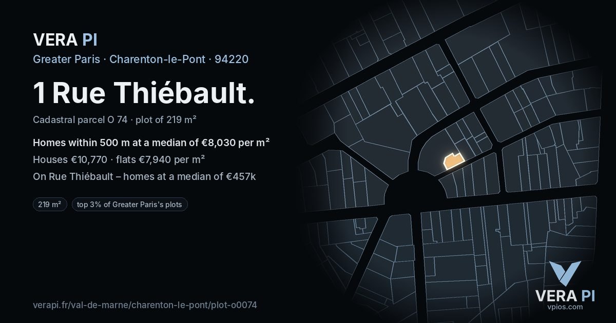 1 Rue Thiébault, Charenton-le-Pont at night – the plot lit, the parcels around coloured by the prices near them