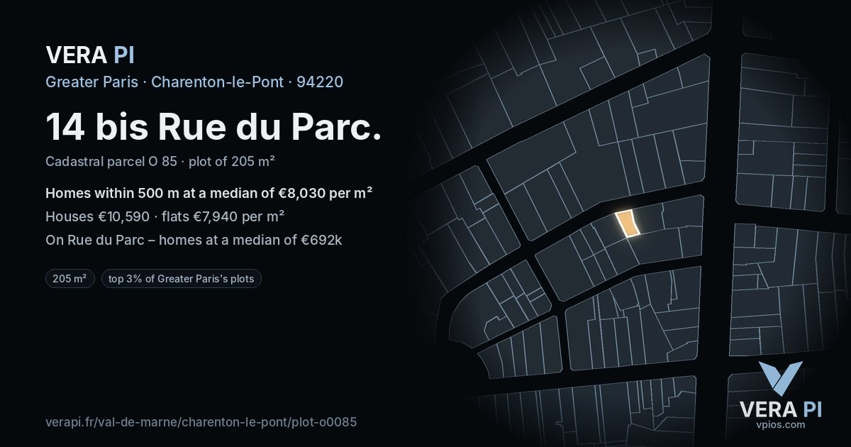 14 bis Rue du Parc, Charenton-le-Pont at night – the plot lit, the parcels around coloured by the prices near them