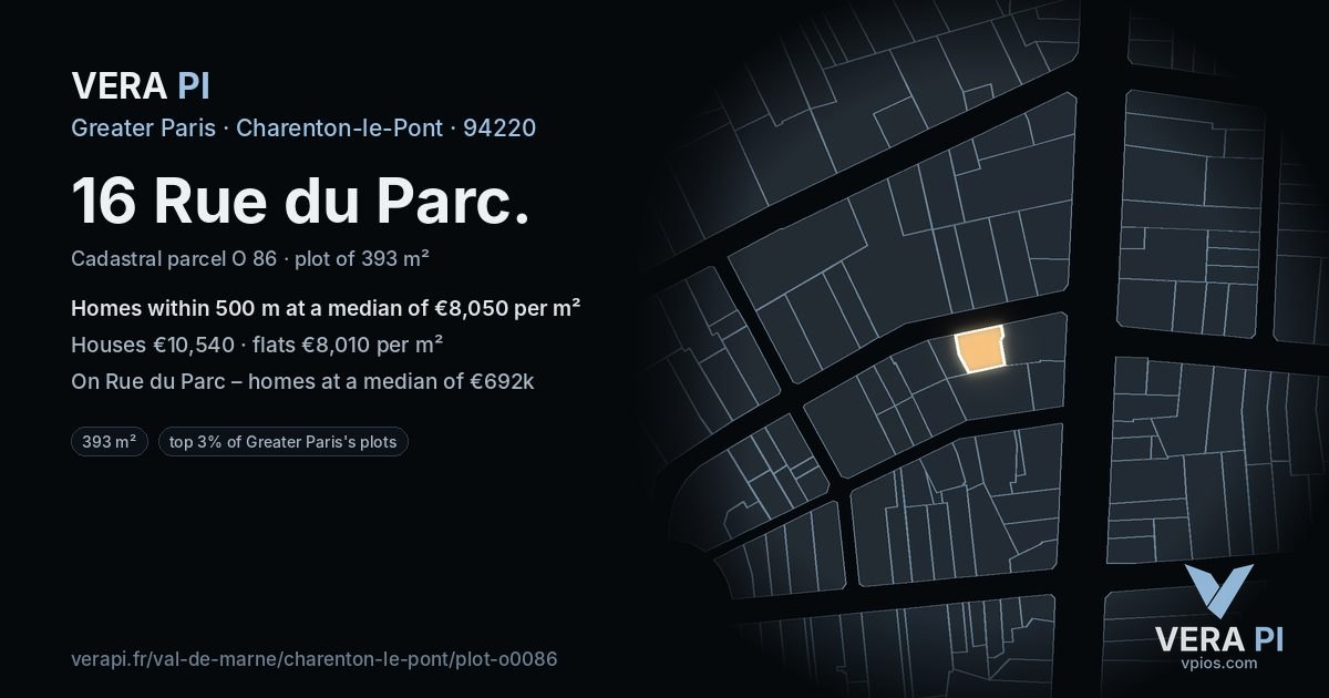 16 Rue du Parc, Charenton-le-Pont at night – the plot lit, the parcels around coloured by the prices near them