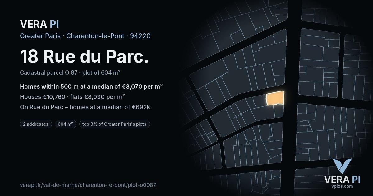 18 Rue du Parc, Charenton-le-Pont at night – the plot lit, the parcels around coloured by the prices near them