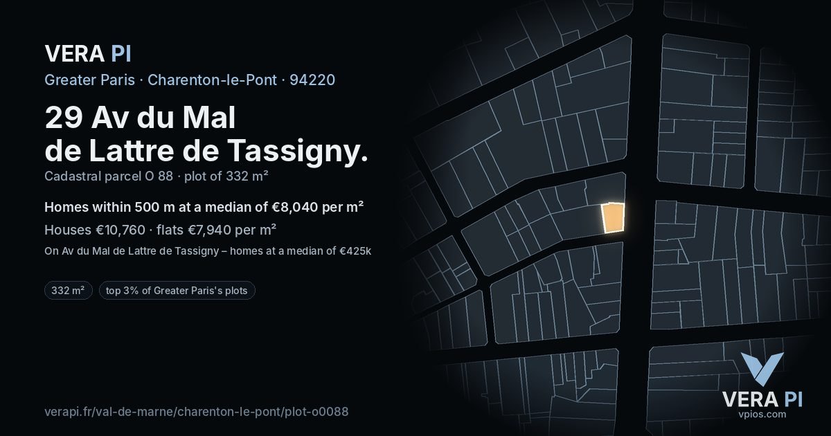 29 Av du Mal de Lattre de Tassigny, Charenton-le-Pont at night – the plot lit, the parcels around coloured by the prices near them