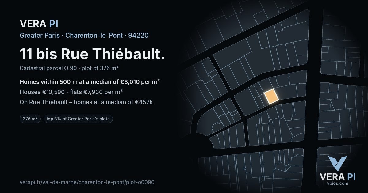 11 bis Rue Thiébault, Charenton-le-Pont at night – the plot lit, the parcels around coloured by the prices near them
