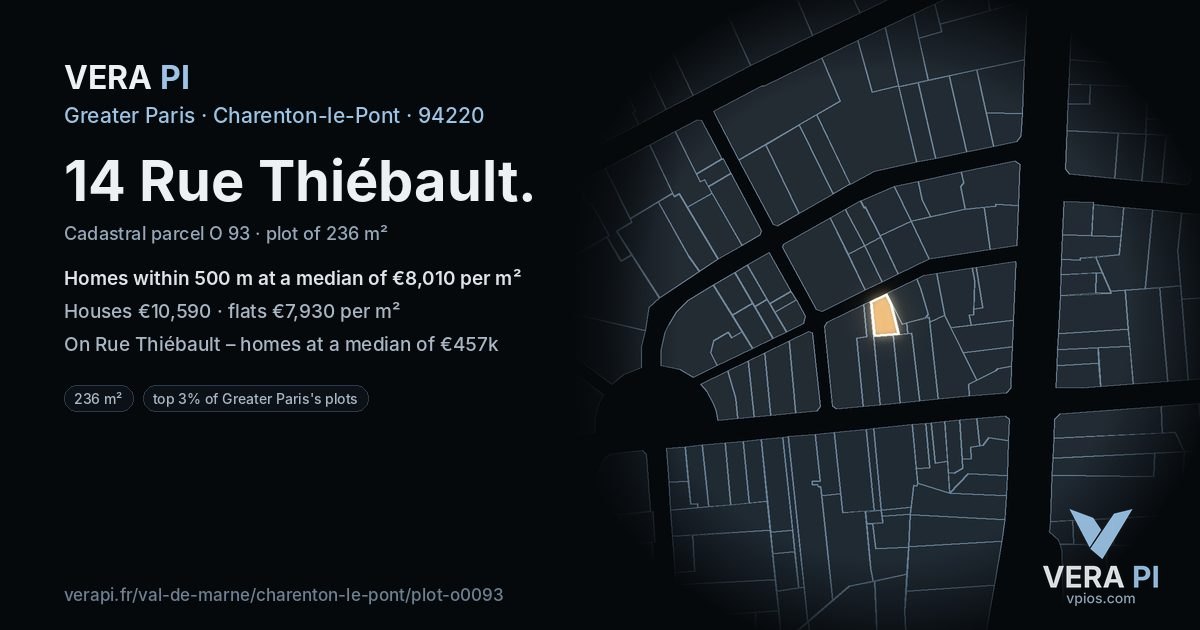 14 Rue Thiébault, Charenton-le-Pont at night – the plot lit, the parcels around coloured by the prices near them