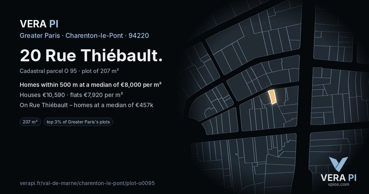 20 Rue Thiébault, Charenton-le-Pont at night – the plot lit, the parcels around coloured by the prices near them