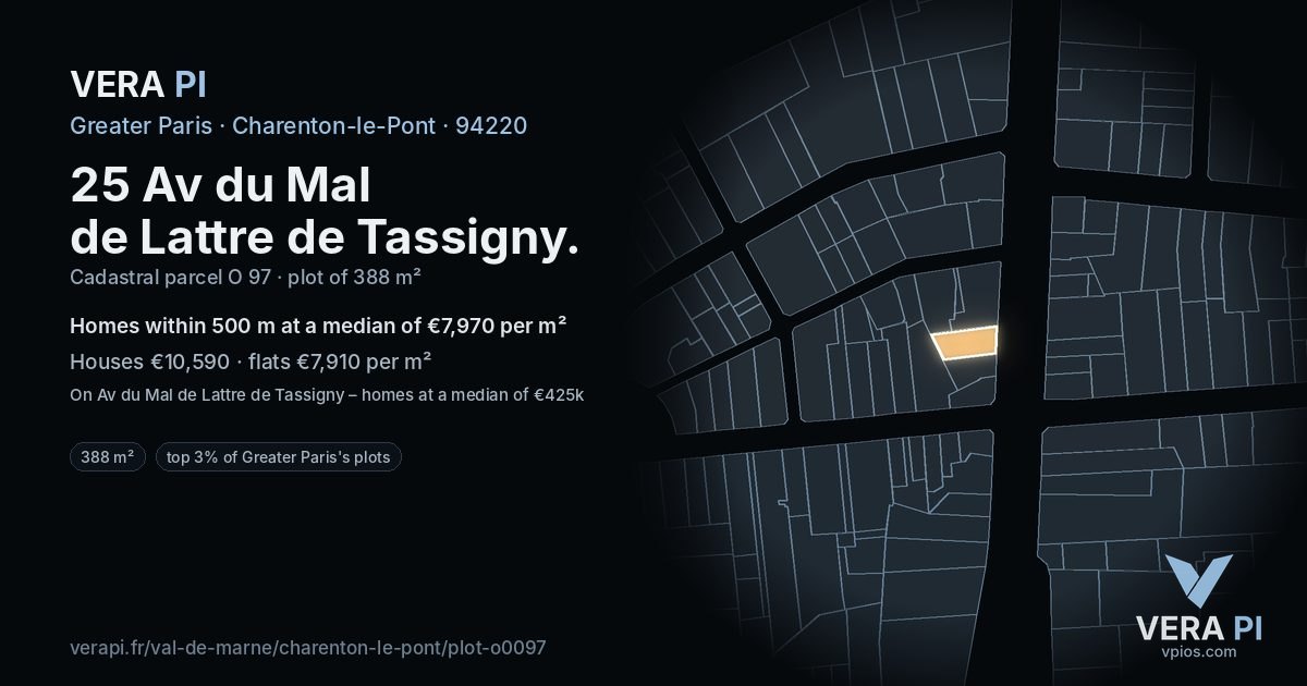 25 Av du Mal de Lattre de Tassigny, Charenton-le-Pont at night – the plot lit, the parcels around coloured by the prices near them