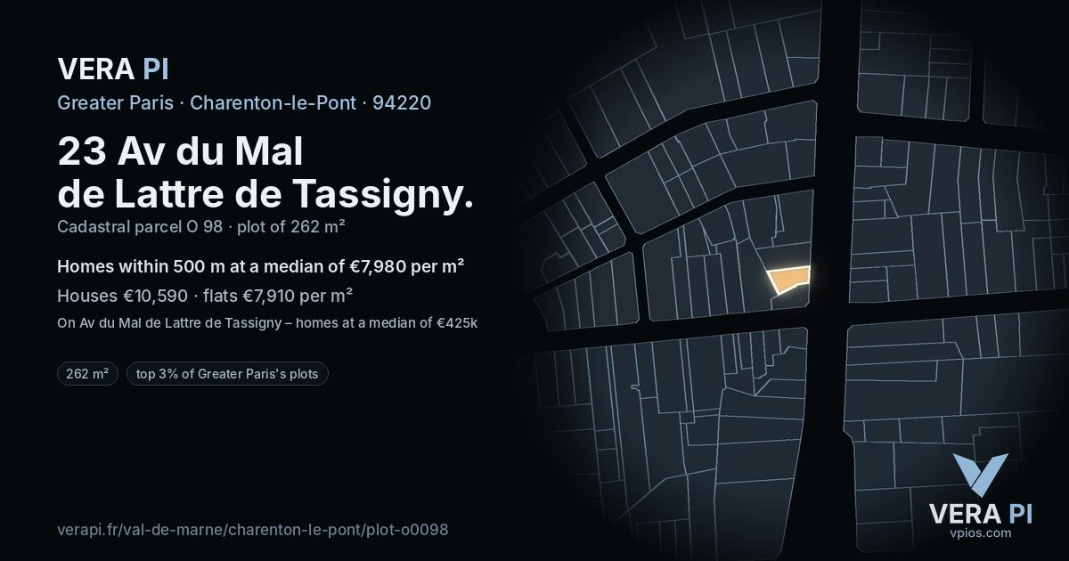 23 Av du Mal de Lattre de Tassigny, Charenton-le-Pont at night – the plot lit, the parcels around coloured by the prices near them