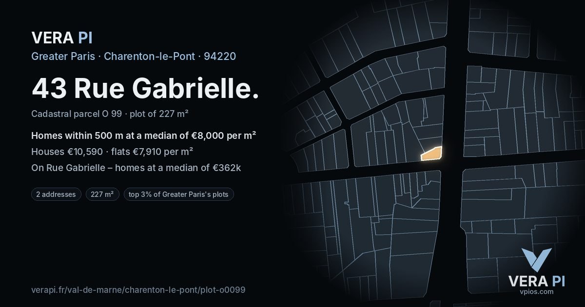43 Rue Gabrielle, Charenton-le-Pont at night – the plot lit, the parcels around coloured by the prices near them