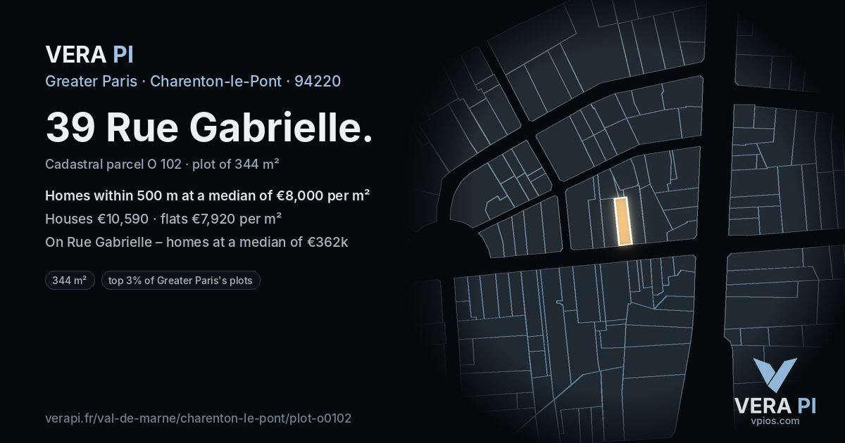 39 Rue Gabrielle, Charenton-le-Pont at night – the plot lit, the parcels around coloured by the prices near them