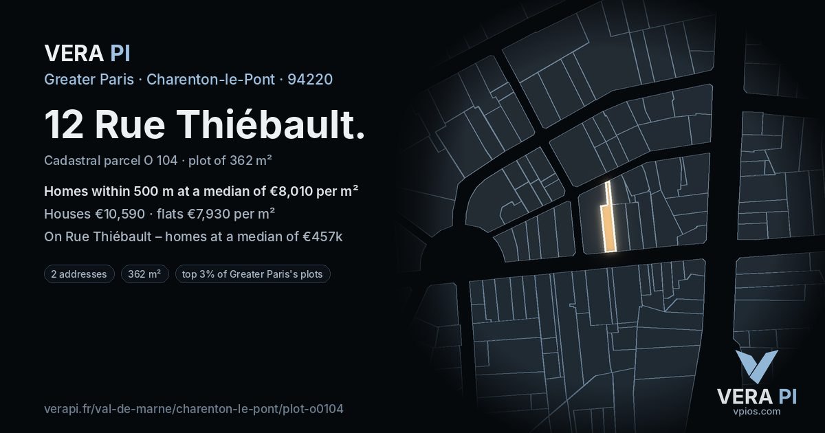 12 Rue Thiébault, Charenton-le-Pont at night – the plot lit, the parcels around coloured by the prices near them