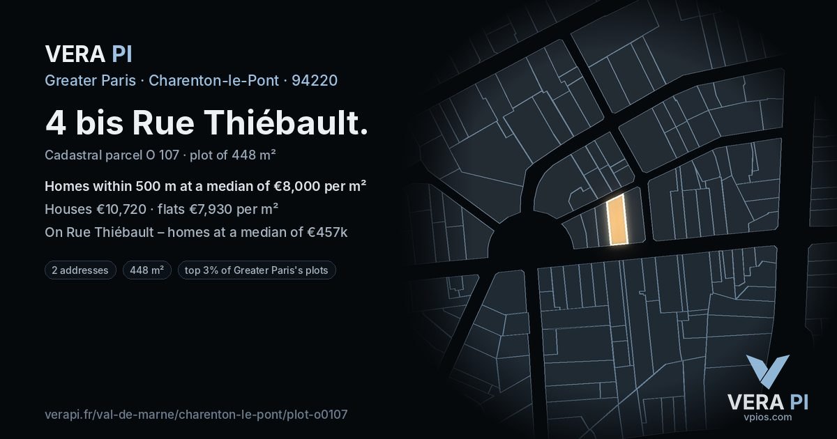 4 bis Rue Thiébault, Charenton-le-Pont at night – the plot lit, the parcels around coloured by the prices near them