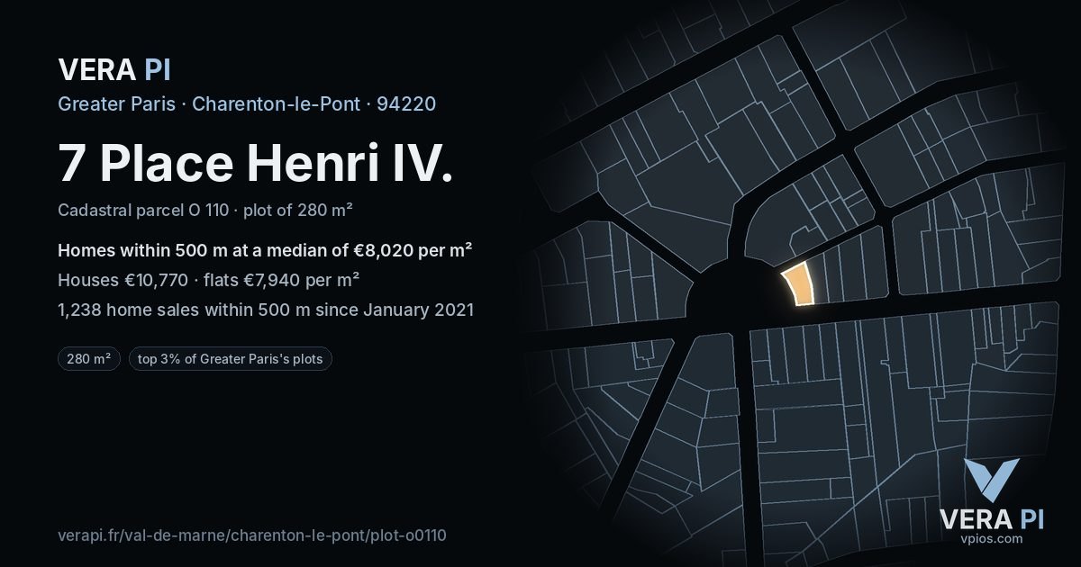 7 Place Henri IV, Charenton-le-Pont at night – the plot lit, the parcels around coloured by the prices near them