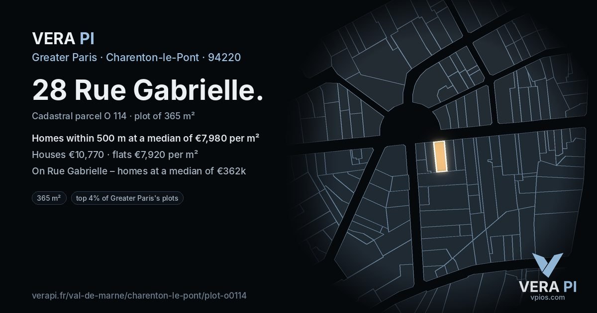 28 Rue Gabrielle, Charenton-le-Pont at night – the plot lit, the parcels around coloured by the prices near them