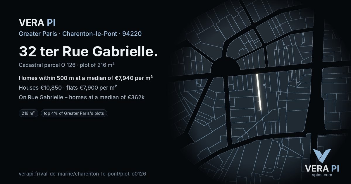 32 ter Rue Gabrielle, Charenton-le-Pont at night – the plot lit, the parcels around coloured by the prices near them