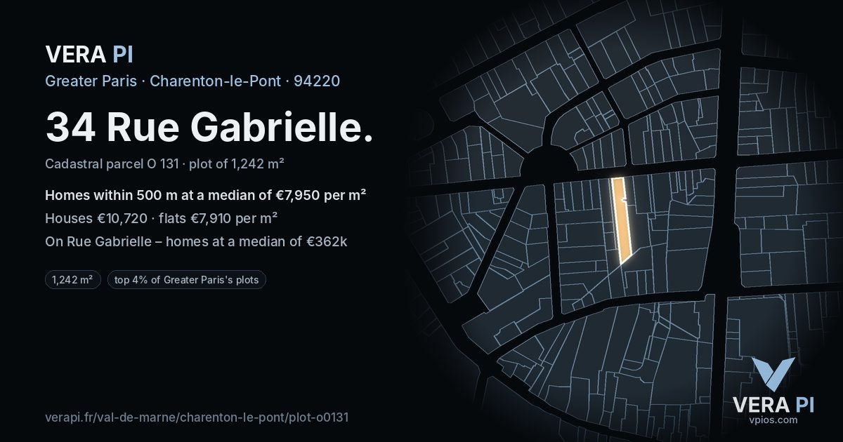 34 Rue Gabrielle, Charenton-le-Pont at night – the plot lit, the parcels around coloured by the prices near them