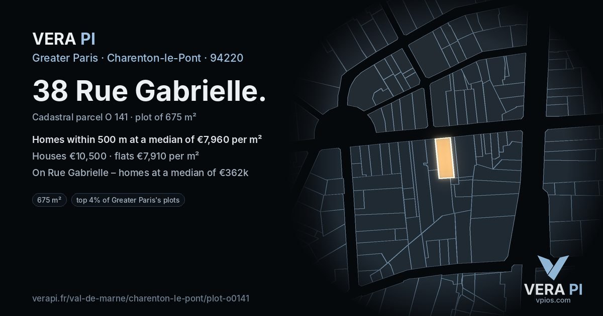38 Rue Gabrielle, Charenton-le-Pont at night – the plot lit, the parcels around coloured by the prices near them
