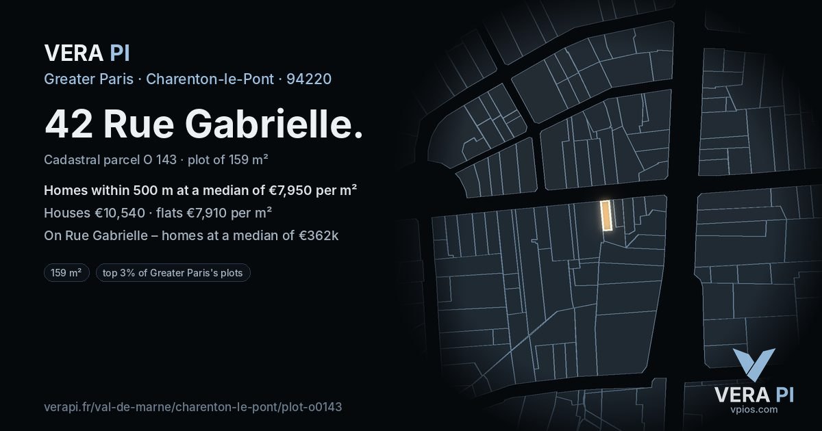 42 Rue Gabrielle, Charenton-le-Pont at night – the plot lit, the parcels around coloured by the prices near them