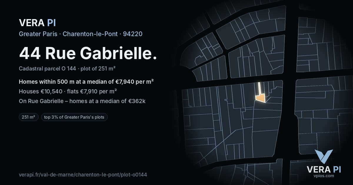 44 Rue Gabrielle, Charenton-le-Pont at night – the plot lit, the parcels around coloured by the prices near them
