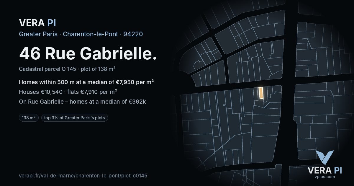 46 Rue Gabrielle, Charenton-le-Pont at night – the plot lit, the parcels around coloured by the prices near them