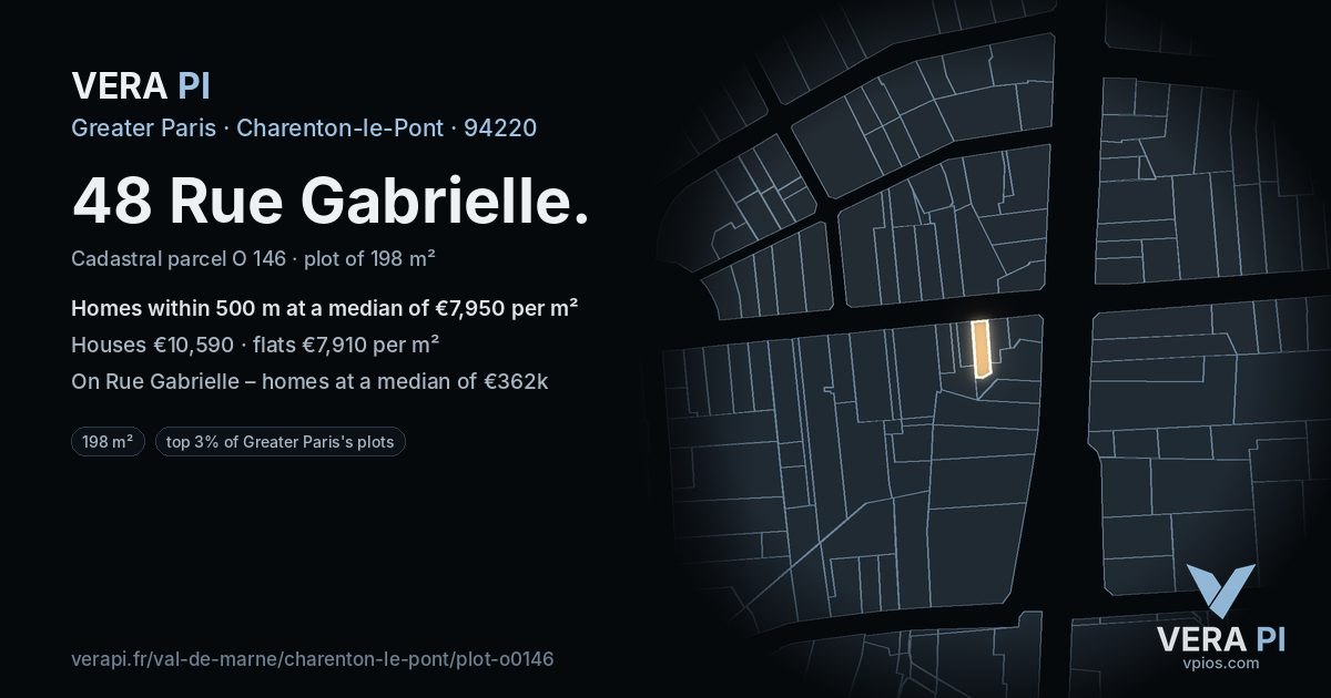 48 Rue Gabrielle, Charenton-le-Pont at night – the plot lit, the parcels around coloured by the prices near them