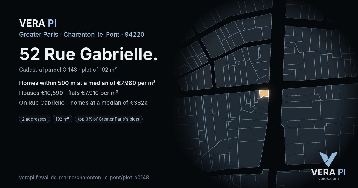 52 Rue Gabrielle, Charenton-le-Pont at night – the plot lit, the parcels around coloured by the prices near them