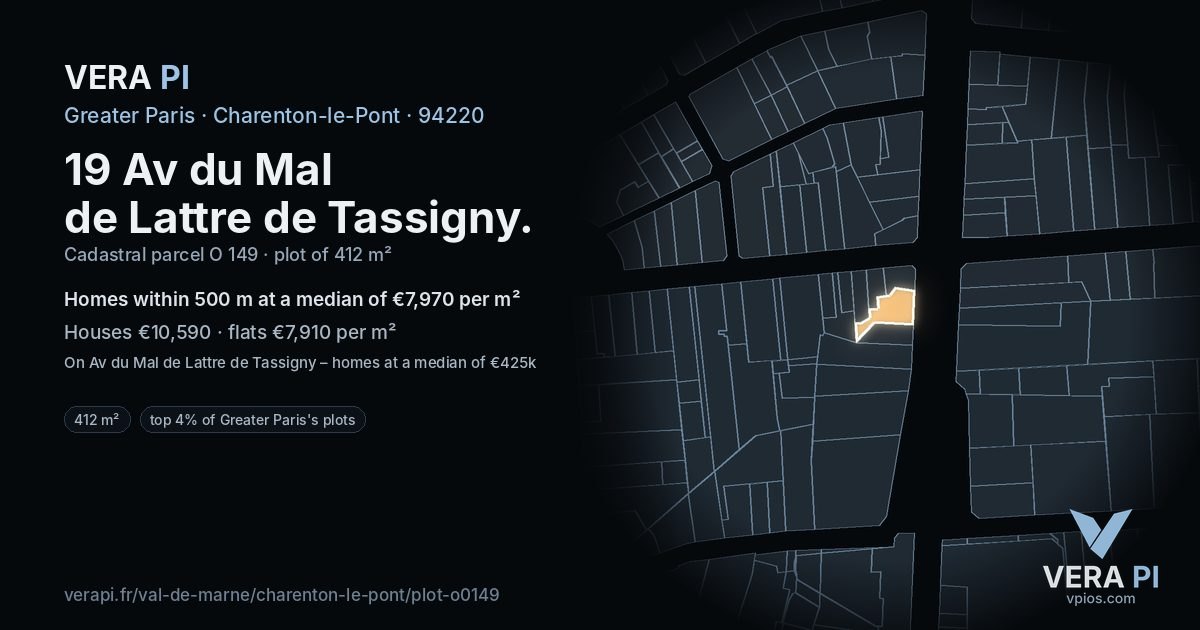 19 Av du Mal de Lattre de Tassigny, Charenton-le-Pont at night – the plot lit, the parcels around coloured by the prices near them