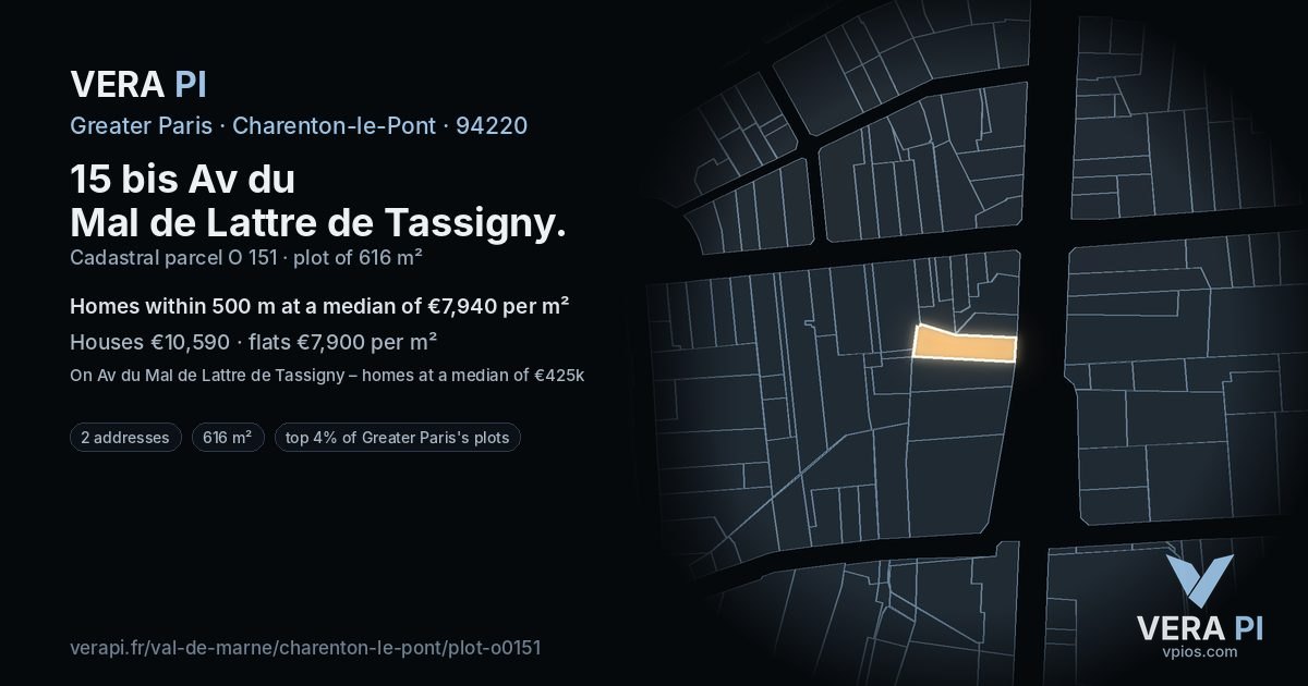 15 bis Av du Mal de Lattre de Tassigny, Charenton-le-Pont at night – the plot lit, the parcels around coloured by the prices near them
