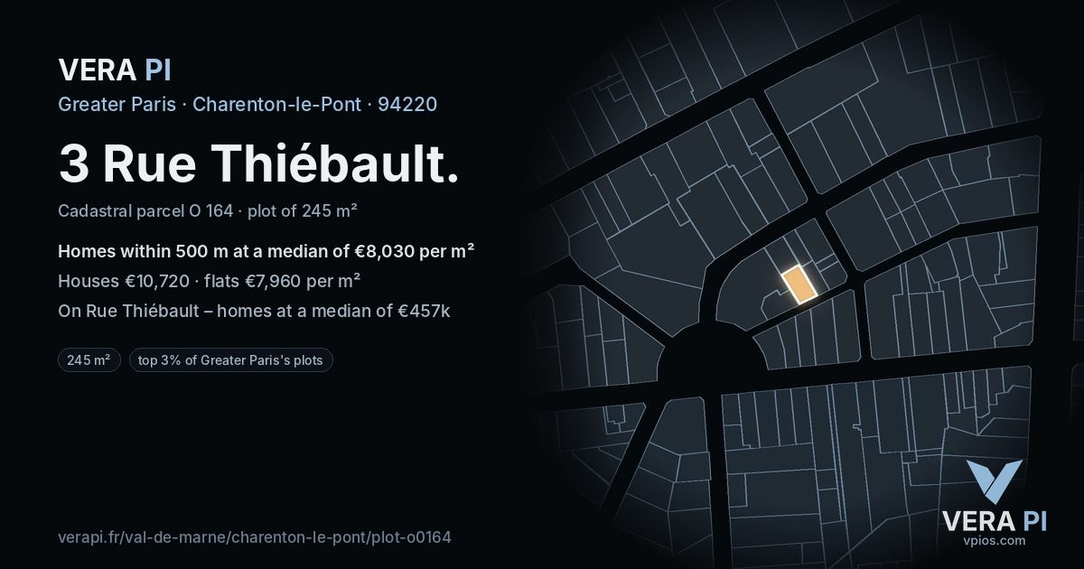 3 Rue Thiébault, Charenton-le-Pont at night – the plot lit, the parcels around coloured by the prices near them