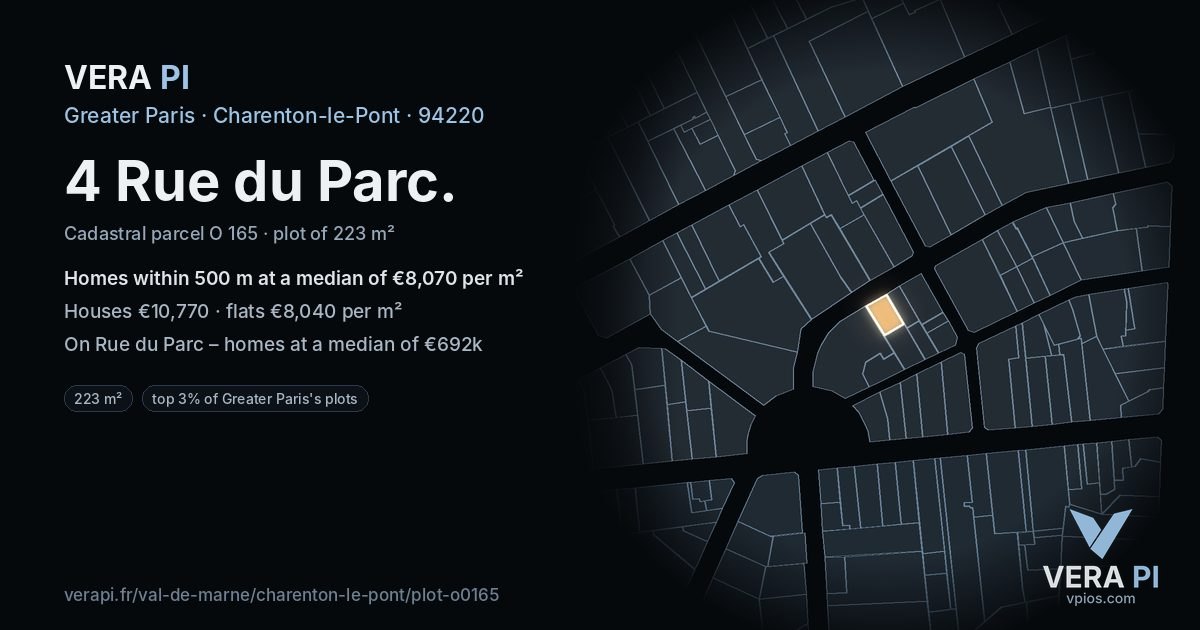 4 Rue du Parc, Charenton-le-Pont at night – the plot lit, the parcels around coloured by the prices near them