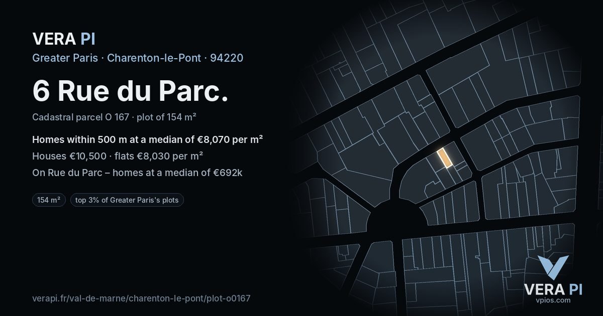 6 Rue du Parc, Charenton-le-Pont at night – the plot lit, the parcels around coloured by the prices near them