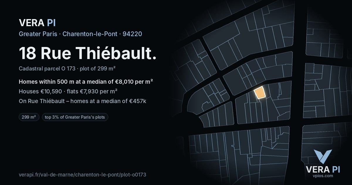 18 Rue Thiébault, Charenton-le-Pont at night – the plot lit, the parcels around coloured by the prices near them