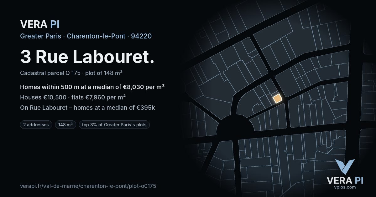 3 Rue Labouret, Charenton-le-Pont at night – the plot lit, the parcels around coloured by the prices near them