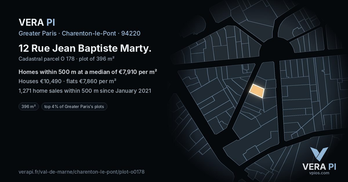 12 Rue Jean Baptiste Marty, Charenton-le-Pont at night – the plot lit, the parcels around coloured by the prices near them