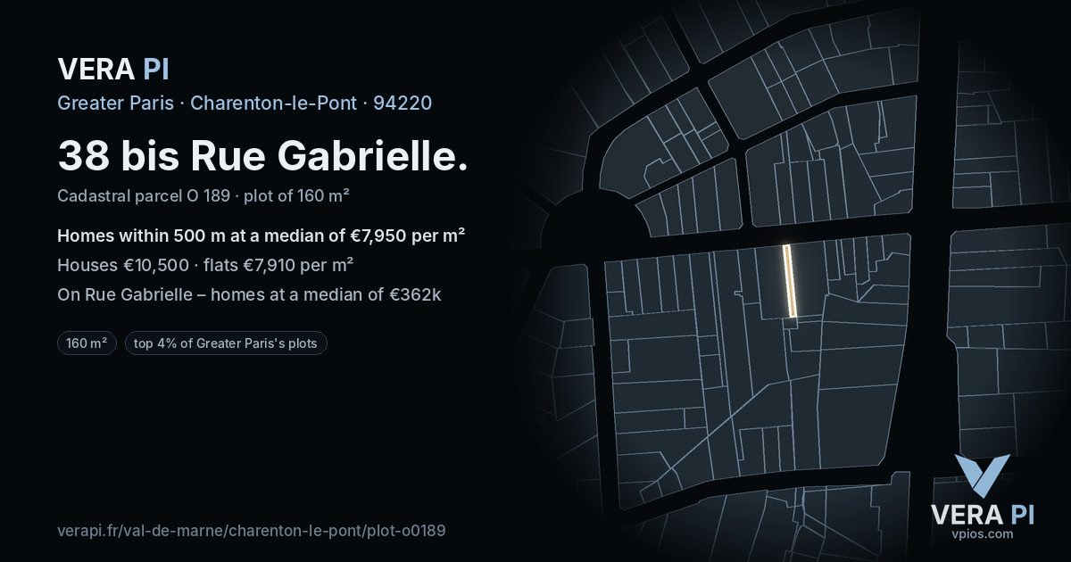 38 bis Rue Gabrielle, Charenton-le-Pont at night – the plot lit, the parcels around coloured by the prices near them