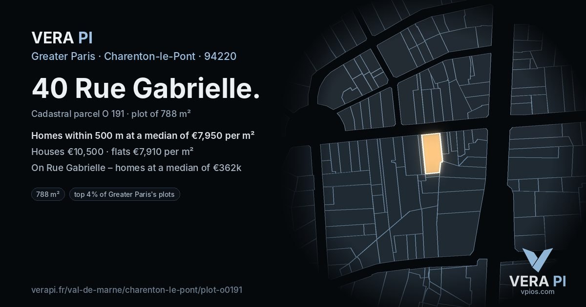 40 Rue Gabrielle, Charenton-le-Pont at night – the plot lit, the parcels around coloured by the prices near them