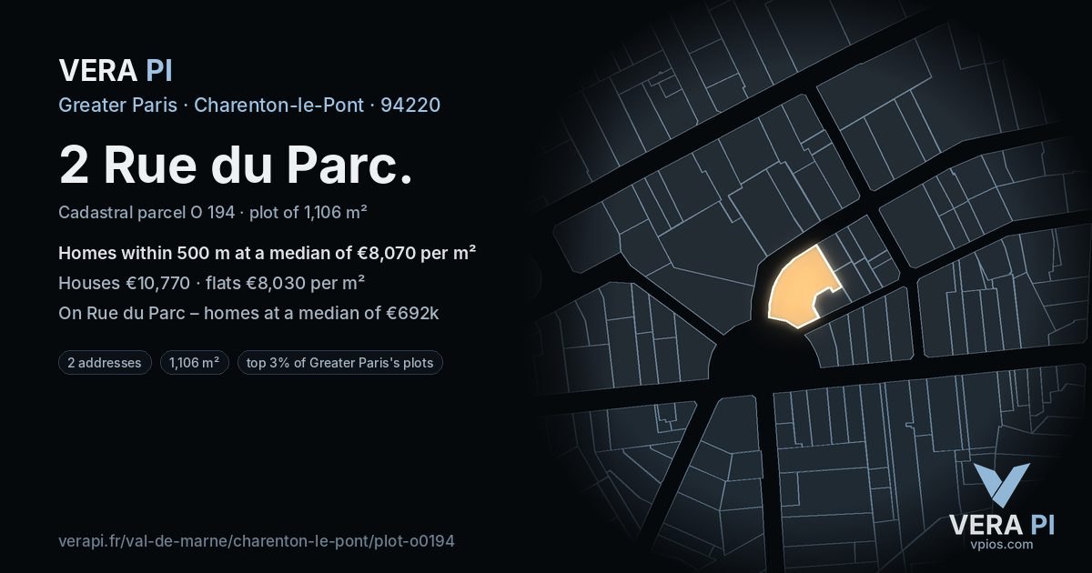 2 Rue du Parc, Charenton-le-Pont at night – the plot lit, the parcels around coloured by the prices near them