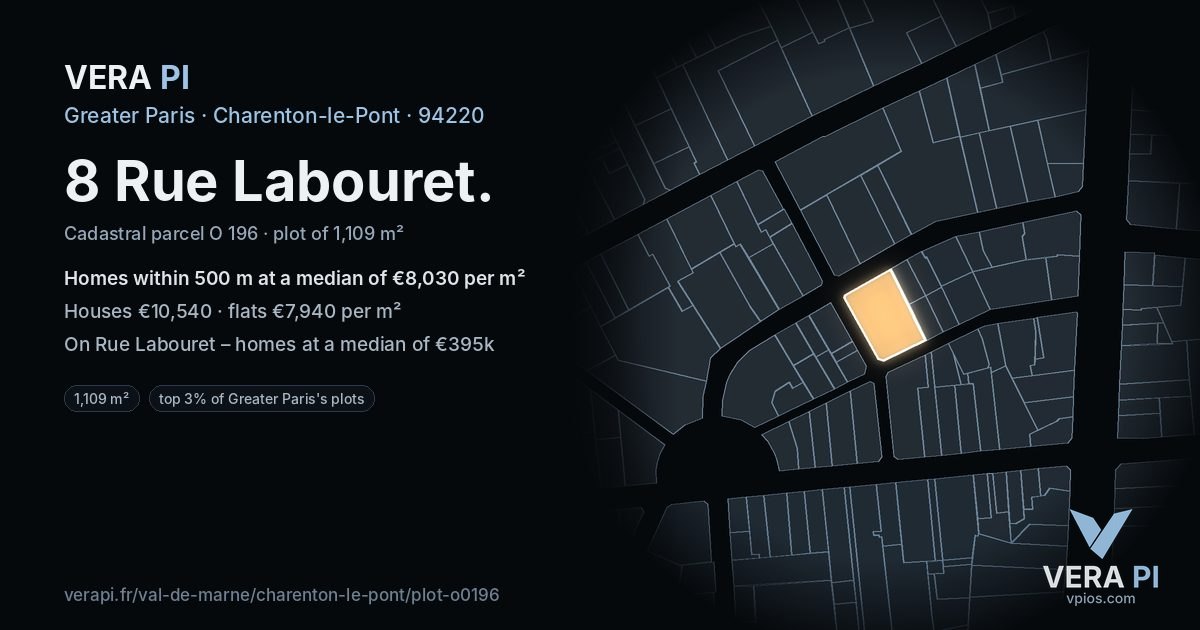 8 Rue Labouret, Charenton-le-Pont at night – the plot lit, the parcels around coloured by the prices near them